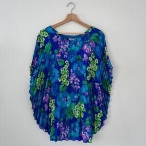 Vtg 60s 70s SUN FASHIONS Blue Floral Accordion Barkcloth Pleated Poncho Caftan